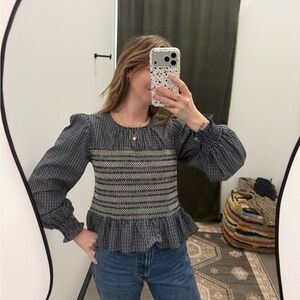 Women's Navy and Cream Smocked Top